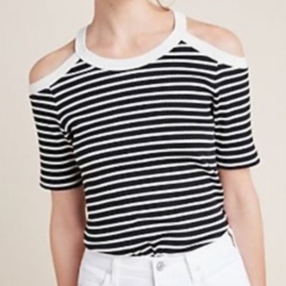 Maeve Sweaters - MAEVE ANTHRO Black, White Striped Top, Cold Shoulder Ribbed Sweater | S